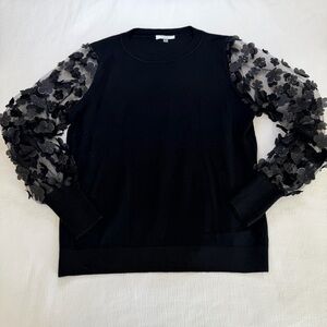 SIONI Womens Sweater Embroidery Floral Detail Long Sleeve Black Top Size Large